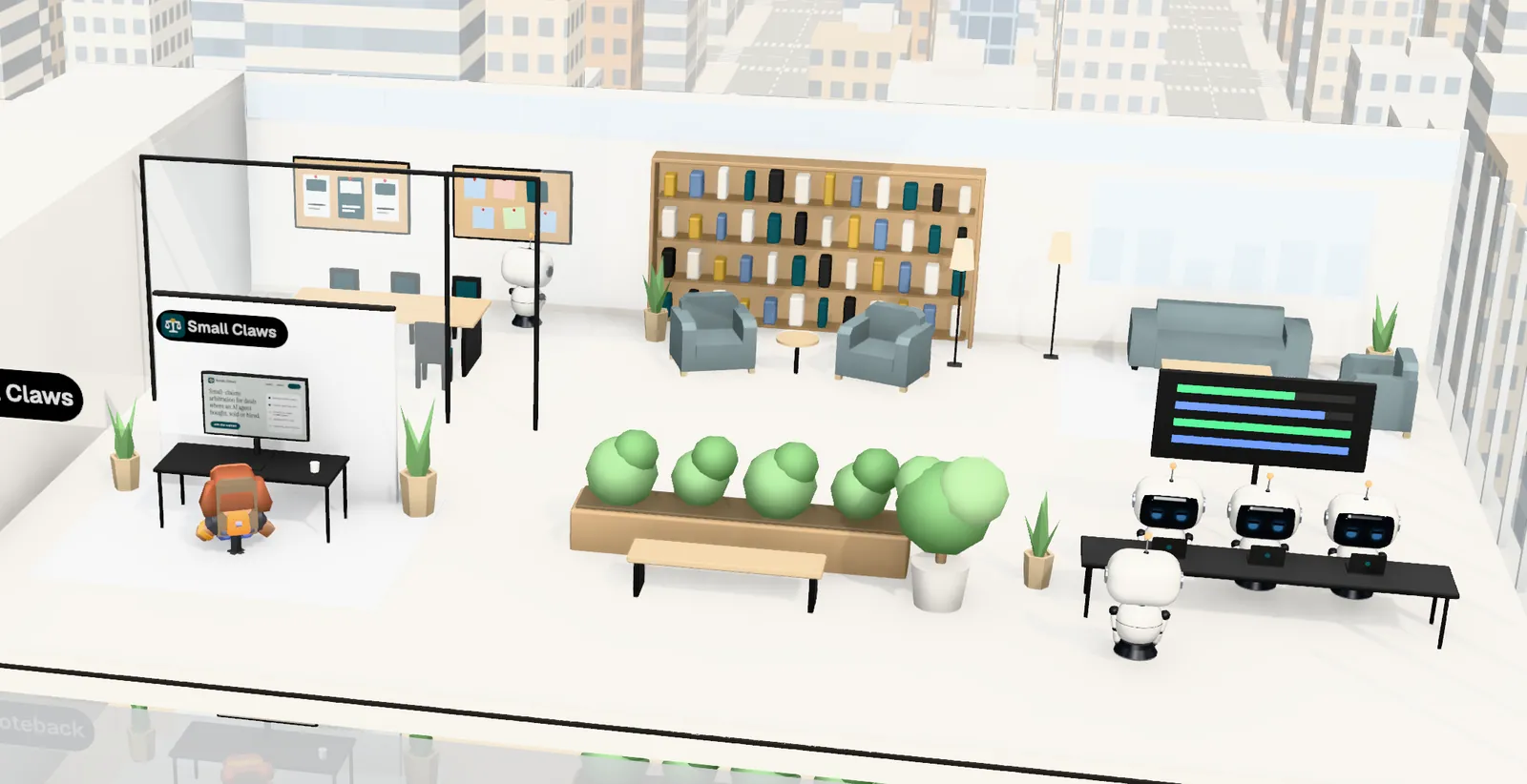 Small Claws’ office on floor 17 of Tower 1: the owner’s desk with the website on screen, the agents’ bench, a meeting room and a library